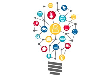 Internet of Things (IOT) concept. Vector illustration of light bulb representing machine learning and digitization clipart