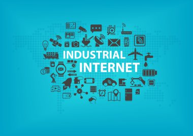 Dünya haritası ve mavi arka plana sahip bağlı cihazların simgeleri ile Endüstriyel İnternet (Iot) konsepti