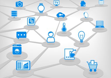 Nesnelerin İnterneti (Iot) bağlı aygıtlarla vektör çizimi. Açık gri arka plan.