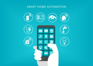 Akıllı Ev Otomasyonu kavramı. Akıllı telefon tutarak ve ev aletleri bağlama el vektör çizim.