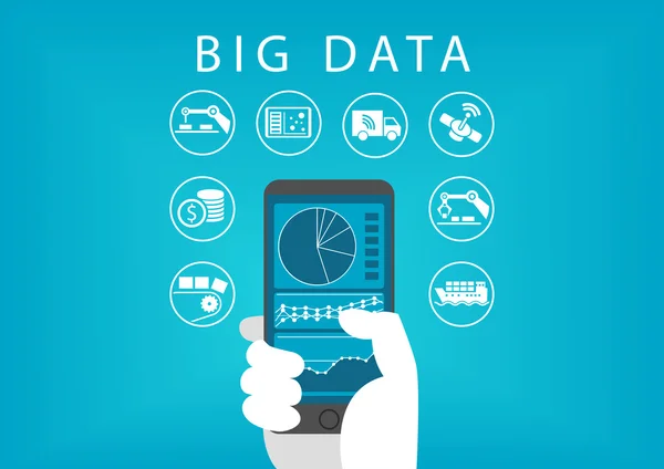Ręka trzyma inteligentny telefon z pulpitu nawigacyjnego analizy danych mobilnych dla dużych danych. Koncepcja różnych firm i branż. — Wektor stockowy