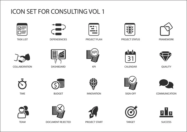 Vector Ikonuppsättning för ämnet consulting. Olika symboler för strategi consulting, It-konsulter, business consulting och management consulting — Stock vektor