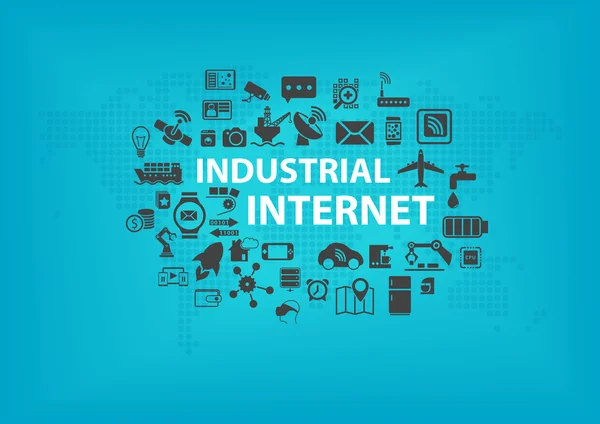 Βιομηχανική Internet (πολλά) έννοια με τον παγκόσμιο χάρτη και εικόνες των συνδεδεμένων συσκευών με μπλε φόντο — Διανυσματικό Αρχείο