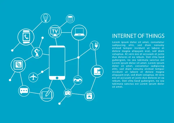 Internet van dingen (Iot) concept met mobiele telefoon aangesloten op netwerk van apparaten. Vector sjabloon met tekst. — Stockvector