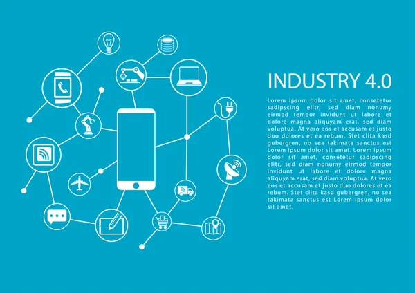 Industria 4.0 / internet industrial de las cosas concepto con teléfono móvil conectado a la red de dispositivos. Plantilla vectorial con texto . — Archivo Imágenes Vectoriales