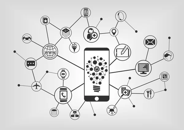 Tecnología móvil innovadora. Teléfono inteligente conectado a dispositivos móviles. Ilustración vectorial con iconos de TI — Archivo Imágenes Vectoriales