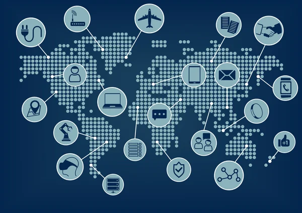 Mapa mundial de Internet de las cosas (IoT) con dispositivos conectados — Vector de stock