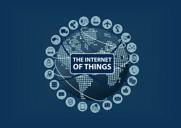 Internet of Things (Iot) word en pictogrammen met globe en wereld kaart — Stockvector