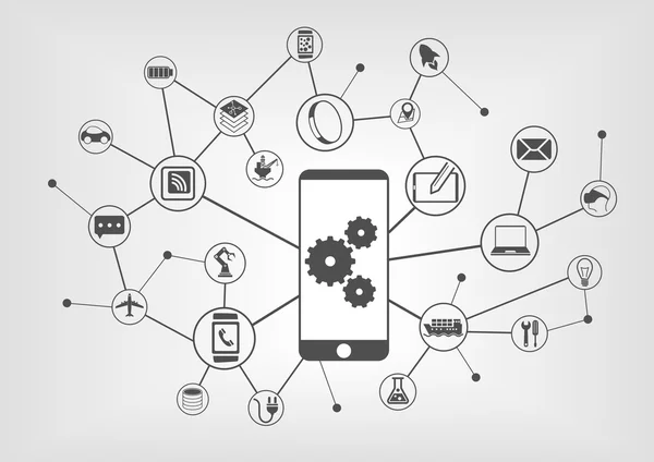 Slimme automatisering en industriële internet van dingen concept vectorillustratie. Achtergrond van iconen van aangesloten apparaten — Stockvector