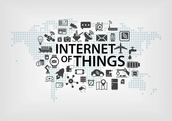 Concepto de Internet de las cosas (IOT) con mapa del mundo y dispositivos conectados como ilustración vectorial con varios iconos de objetos — Vector de stock