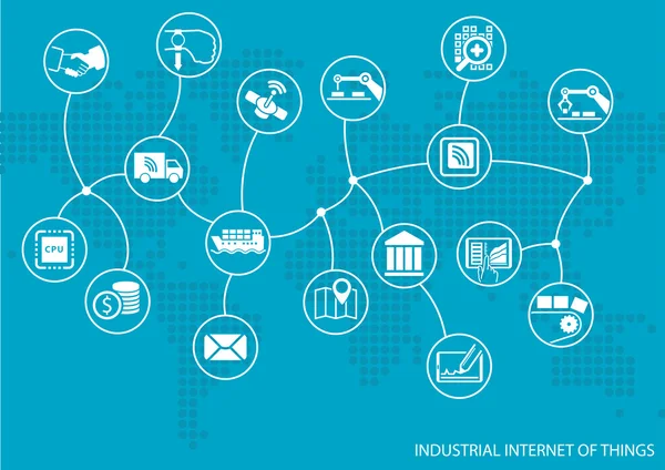 Ipari internet dolgokat (Iot) fogalom. Áruk, beleértve az üzleti folyamatok automatizálásához kapcsolódó értéklánc világtérképet — Stock Vector