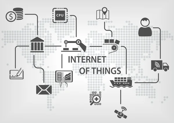 Internet der Dinge (iot) Konzept mit industrialisiertem und drahtlosem Produktionsprozess. grauer Hintergrund mit Weltkarte. — Stockvektor