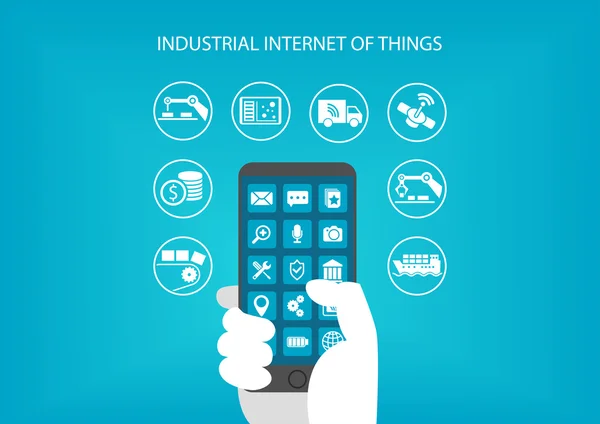 Industriële internet van dingen concept. Hand met moderne mobiele apparaat, zoals smartphone op verschillende objecten en apparaten aansluiten — Stockvector