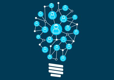 Social crowd sourcing and ideation. Swarm intelligence by the social community of a business or company. Vector illustration of light bulb for creativity.