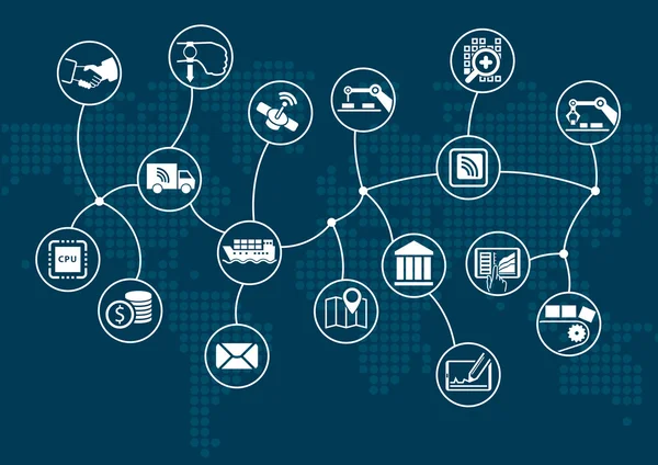 Störande digital affärs- och industriella internet av saker (bransch 4.0) begrepp. Mörka information technology bakgrund med världskarta. — Stock vektor