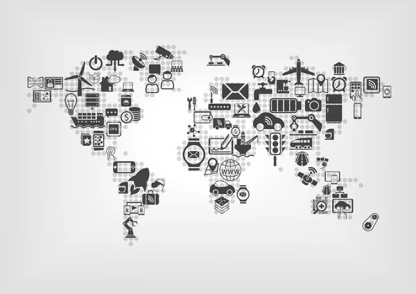 Internet das coisas (IOT) e conceito de conectividade global. Mapa do mundo de dispositivos inteligentes conectados usando design plano —  Vetores de Stock