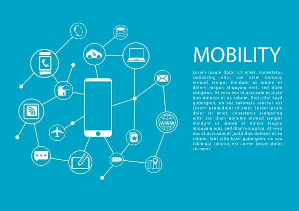 Vektorgrafik des Mobilitätskonzepts mit Smartphone und angeschlossenen drahtlosen Geräten. — Stockvektor