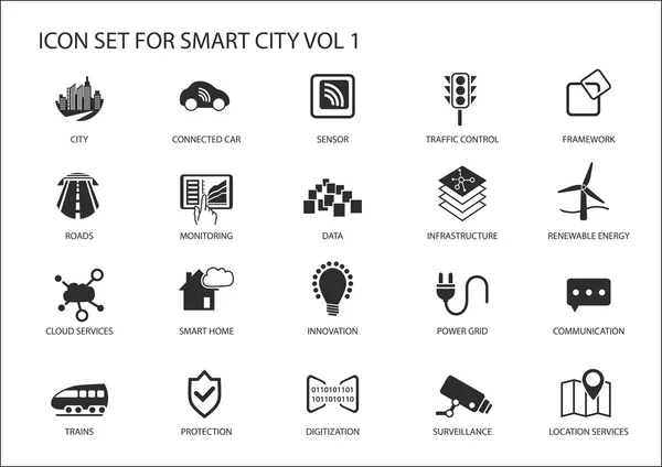 Iconos y símbolos de vectores de ciudades inteligentes en diseño plano — Archivo Imágenes Vectoriales