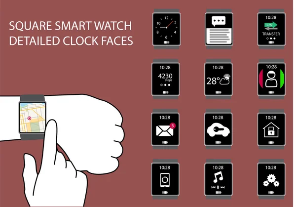 Diseño plano cuadrado inteligente reloj vector ilustración con las manos — Vector de stock