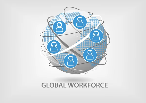 Conceito de força de trabalho global. Ilustração do trabalho em equipe colaborativo com ícones dos funcionários — Vetor de Stock