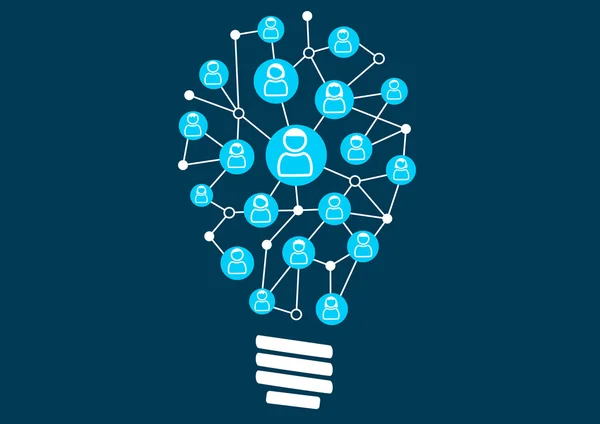 Social crowd sourcing and ideation. Swarm intelligence by the social community of a business or company. Vector illustration of light bulb for creativity. — Stock Vector