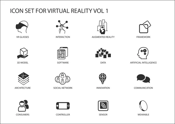Set di icone vettoriali di realtà virtuale (VR). Simboli multipli nel design piatto come occhiali di realtà virtuale, realtà aumentata, sensore, interazione, modello 3d — Vettoriale Stock