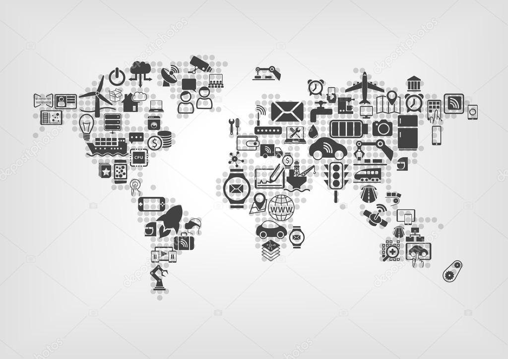 Internet of things (IOT) and global connectivity concept. World map of connected smart devices using flat design