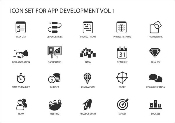 Conjunto de iconos vectoriales para el desarrollo de aplicaciones. Iconos y símbolos reutilizables como lista de tareas, dependencia, plan de proyecto, comunicación — Vector de stock