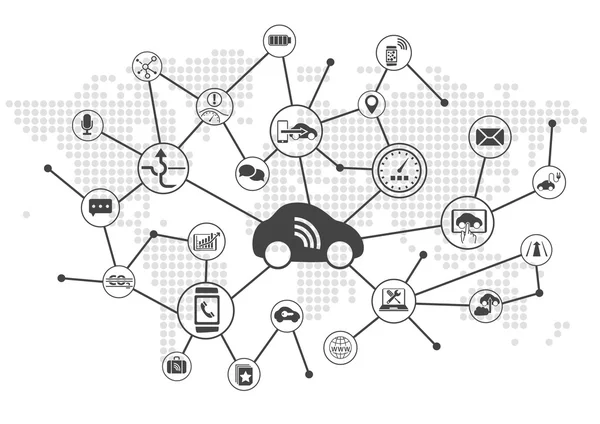 Connected car vector illustration infographic. Concept of connecting to vehicles with various devices. — Stock Vector