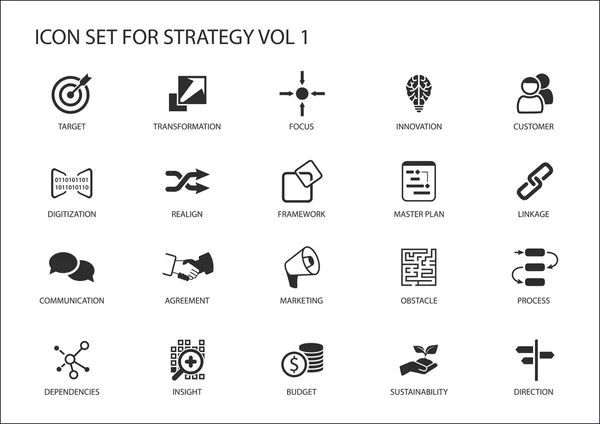 Ensemble d'icônes stratégiques. Divers symboles pour des sujets stratégiques comme la cible, obstacle, direction, foyer, réalignement, perspicacité, budget, marketing, direction — Image vectorielle