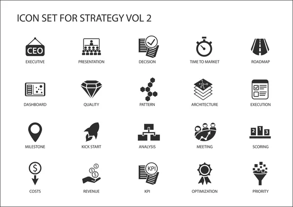 Strategi Ikonuppsättning med olika symboler för strategiska ämnen som optimering, instrumentpanel, prioritering. — Stock vektor