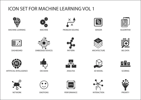 Slimme machine learning Vector Icon set. Symbolen voor emoties, besluit, netwerk, probleemoplossing, patroon, analyse, prestaties, prioriteit, interactie, Big Data, algoritme, sensor. — Stockvector