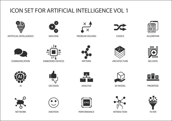 Ícone vetorial definido para o conceito de inteligência artificial (IA). Vários símbolos para o tópico usando design plano —  Vetores de Stock