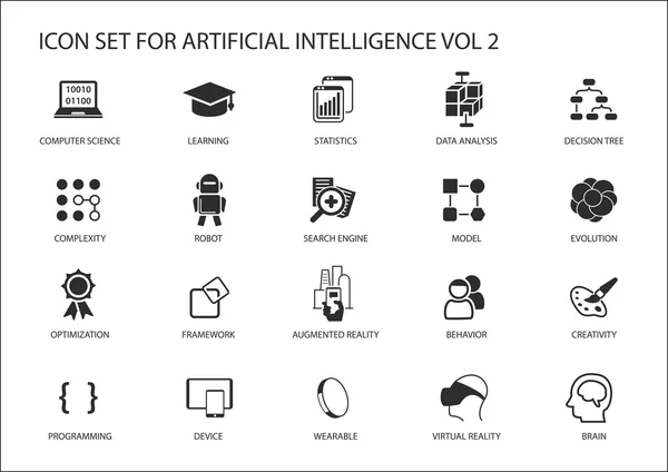 Set di icone vettoriali per il concetto di intelligenza artificiale. Vari simboli per l'argomento utilizzando design piatto — Vettoriale Stock