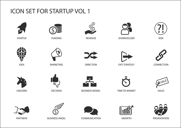 Ikonuppsättning för företagsstart. Vektor symboler för olika affärssituationer — Stock vektor