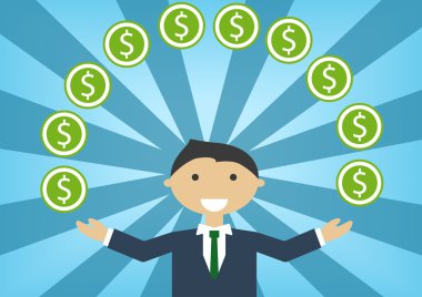 Para ve bütçe işleme başarılı beyaz iş adamı. Çizgi film karakteri dolar hokkabazlık vektör çizim