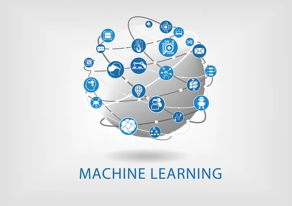 Infográfico de aprendizado de máquina. Dispositivos de inteligência conectados com globo . — Vetor de Stock