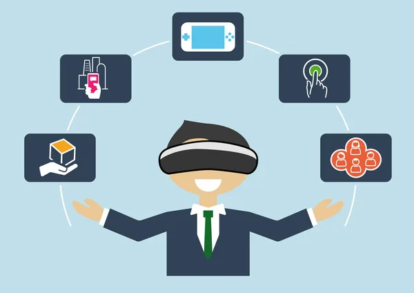 Concept de réalité virtuelle comme illustration vectorielle d'un homme d'affaires utilisant un casque VR — Image vectorielle