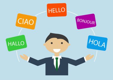 Concept of multi-lingual business man speaking many different languages clipart