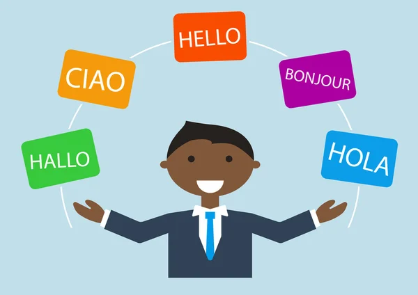 Concept d'homme d'affaires multilingue parlant plusieurs langues différentes — Image vectorielle