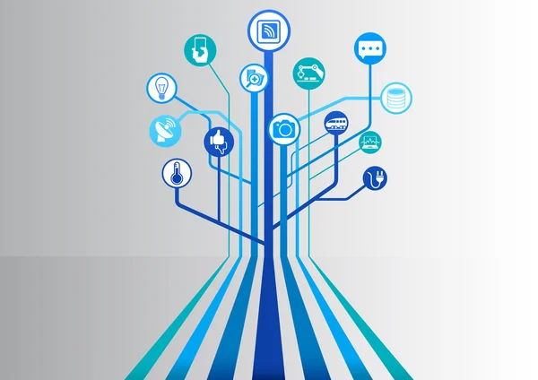 Internet věcí infographic a technologie zázemí pro připojená zařízení — Stockový vektor