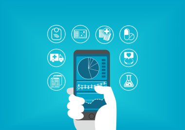Hastaların dijital tıbbi kayıtları erişmek için akıllı telefon tutarak el ile elektronik Sağlık (e-Sağlık) kavramı