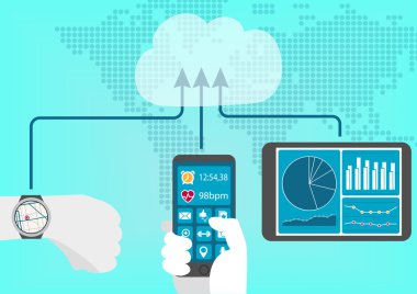 Kavramı bağlı sağlık ve fitness izci ve bir dijital yaşam tarzı için akıllı telefon, tablet ve takılabilir gibi aygıtlar