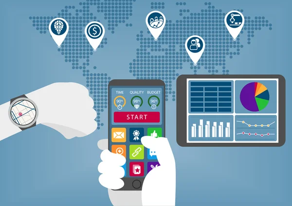 Infográfico de negócios digital móvel com mão segurando telefone inteligente e assistir — Vetor de Stock