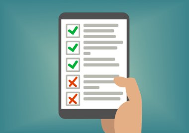 Dijital kontrol listesi veya yapılacaklar listesi tablet üstünde perde. Geçirilen sınav veya tamamlanmış görevleri kavramı.