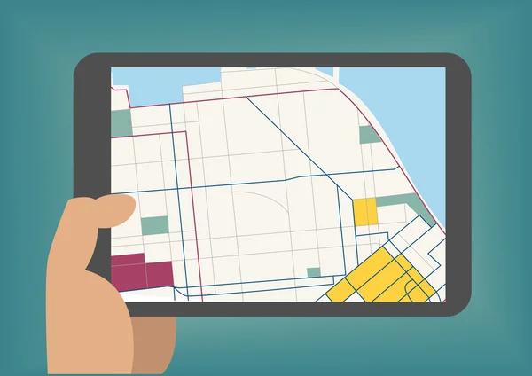 Digitala mobila kartor koncept som vektor illustration med handen håller tablet — Stock vektor