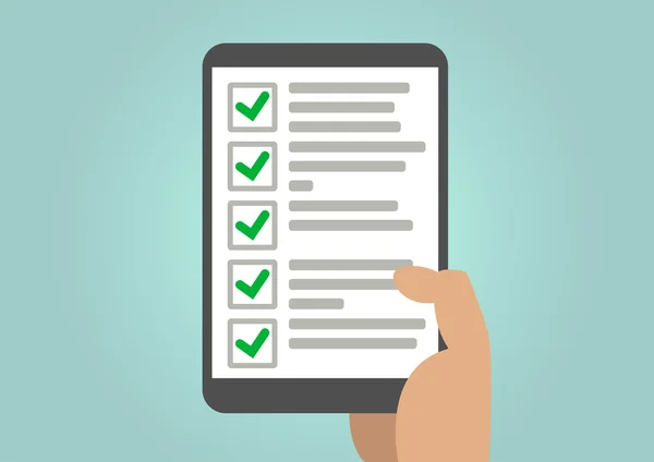 To do リストの考え方を手で保持してタブレットの画面上に表示のチェックの完了したタスク. — ストックベクタ
