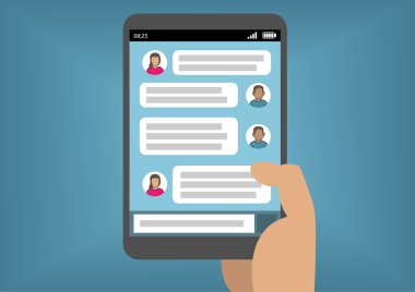 Acımak telefon ya da tablet vektör çizim olarak tutan el ile mobil anında mesajlaşma kavramı