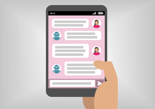 Γυναίκα επικοινωνία με bot συνομιλία μέσω του στιγμιαίου αγγελιοφόρου ως παράδειγμα της τεχνητής νοημοσύνης — Διανυσματικό Αρχείο