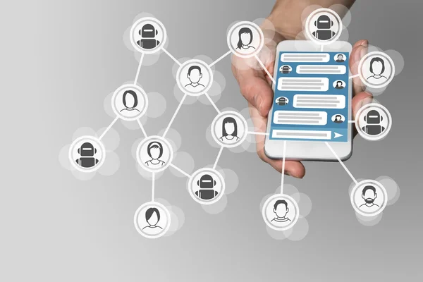 Chatbot-Hintergrund mit Messenger und Gespräch zwischen Mensch und Roboter auf Touchscreen — Stockfoto
